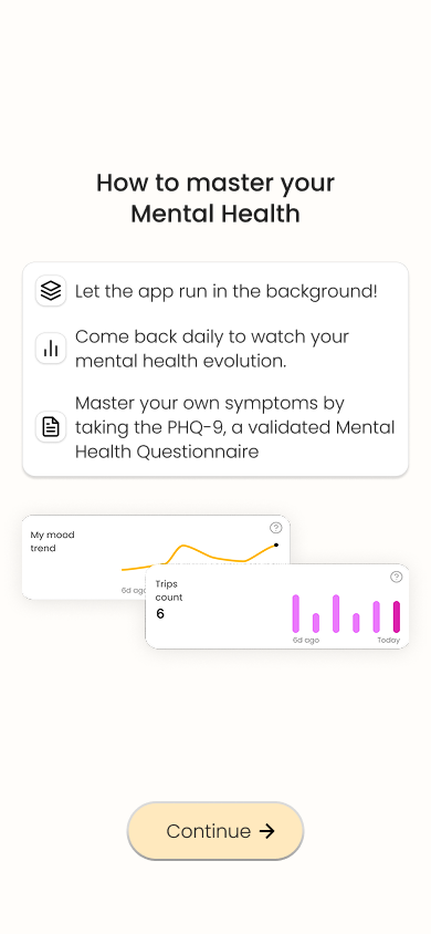 Emobot screen showing how to master your mental health: let it run, come back daily, take the PHQ-9