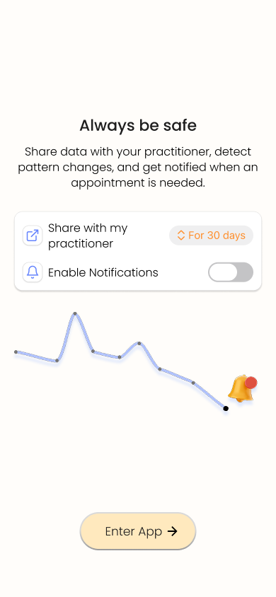 Emobot 'Always be safe' screen — share with practitioner, enable notifications, mood trend with alert bell