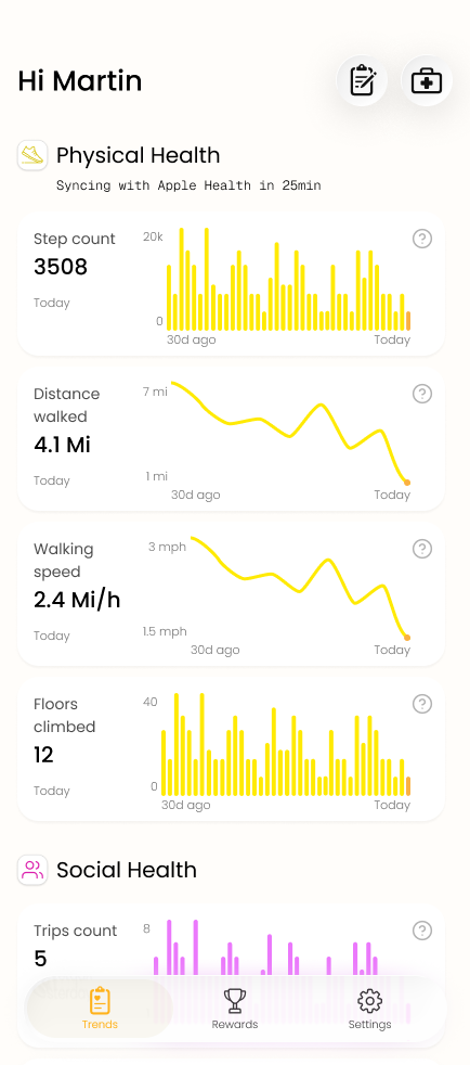 Physical health screen with step count, distance, walking speed, and floors climbed