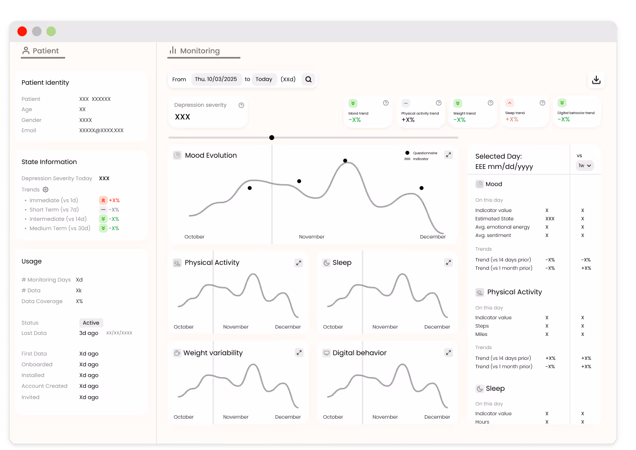 Emobot clinician dashboard at portal.emobothealth.com — patient list with wellness trends, early-warning alerts, and re-booking flow